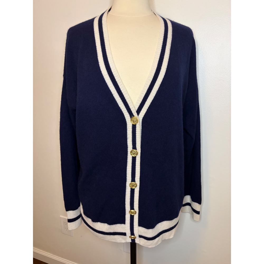 AQUA x Venus Williams Navy Cashmere Varsity Striped Cardigan XL Gold Button Chic